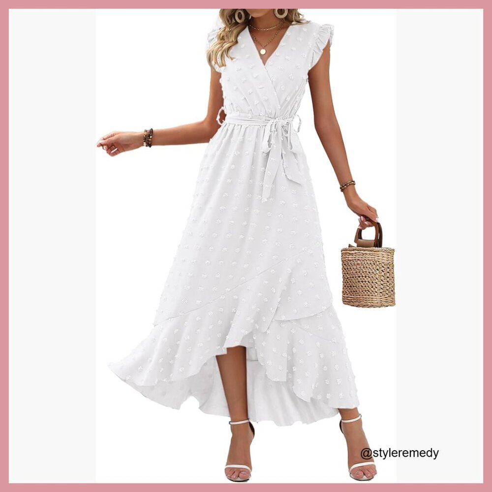 Swiss Dot Maxi Dress with Cap Sleeves and Ruffle Hem